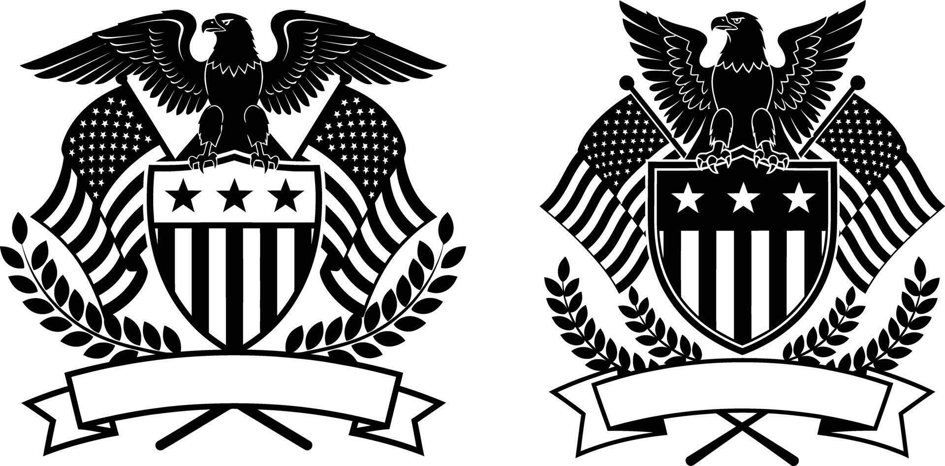 Icons Featuring American Eagle, Flags, Shield, Laurel Wreath, and Ribbon Banner vector