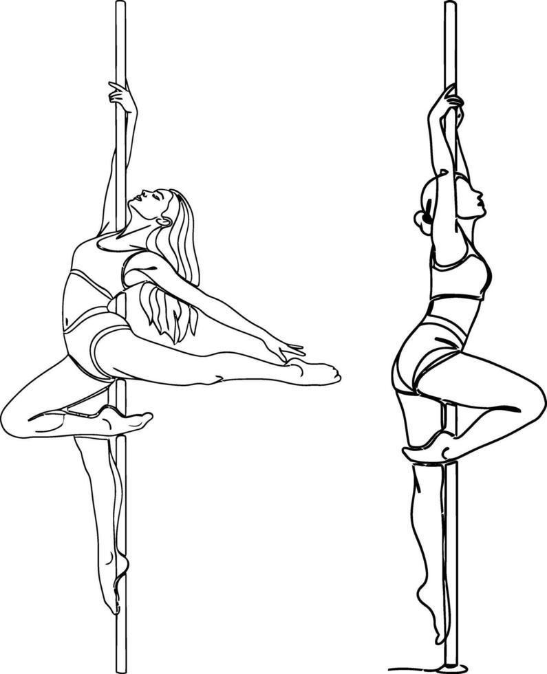 Line Art of Two Women Performing Pole Dance Exercise Routine Illustration vector