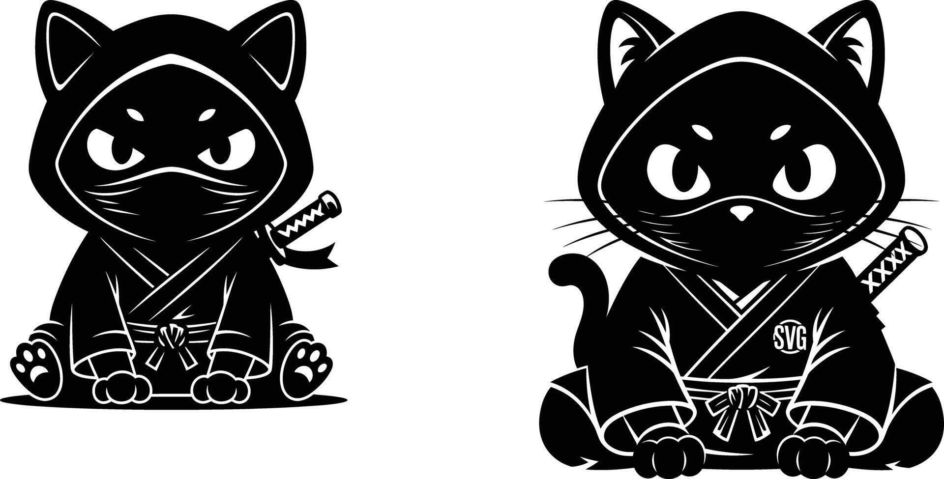Images Featuring Adorable Ninja Cats in Hoodies and Kimonos with Swords and SVG Symbol vector