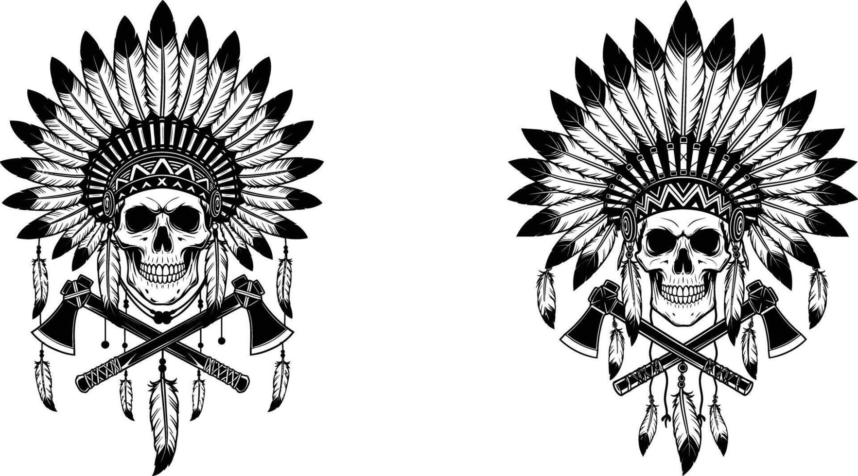 Skull with Feather Headdress and Crossed Tomahawks, Blackwork Tattoo Design Illustrations vector