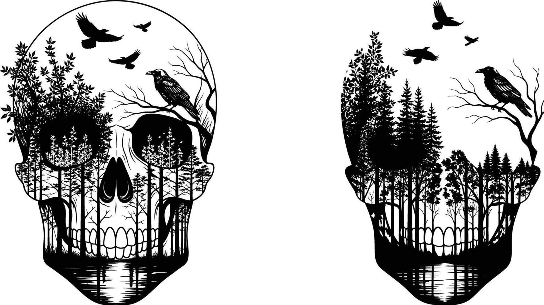 Skull Silhouette with Forest, Raven and Birds Dark Illustration vector