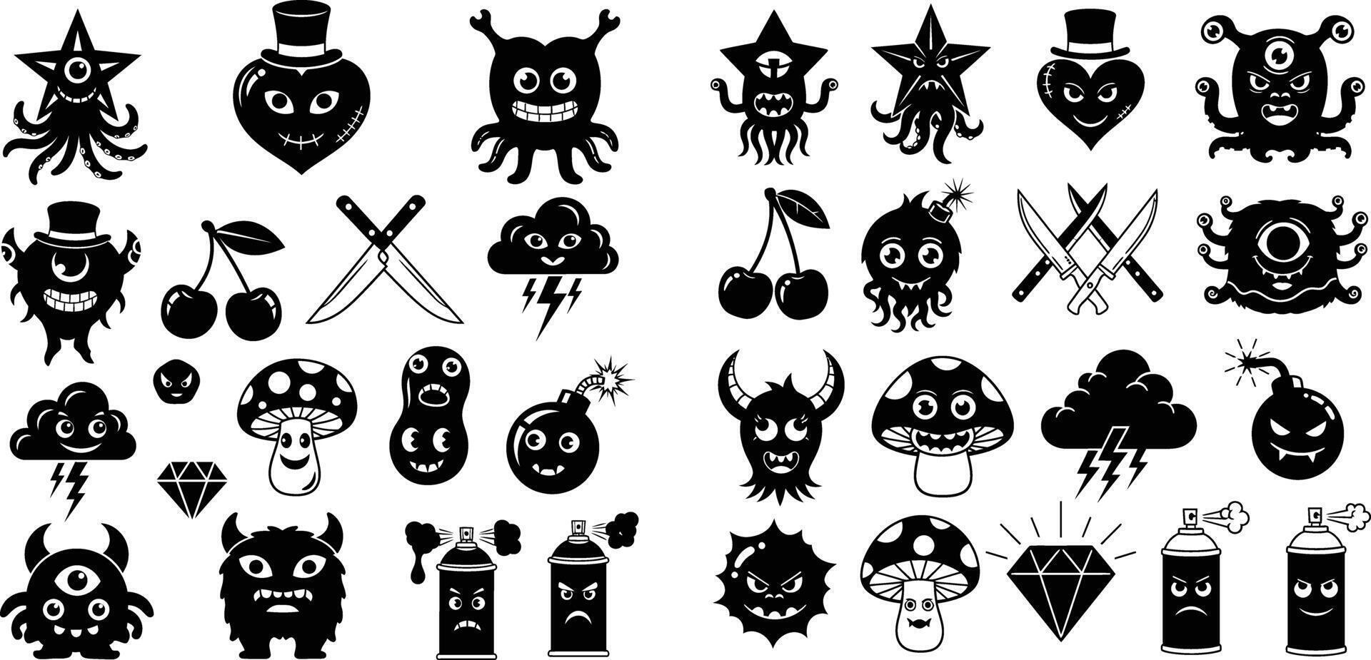 Spooky Cute Icons Monsters, Bombs, Cherries, Mushrooms, and Spray Cans Collection vector
