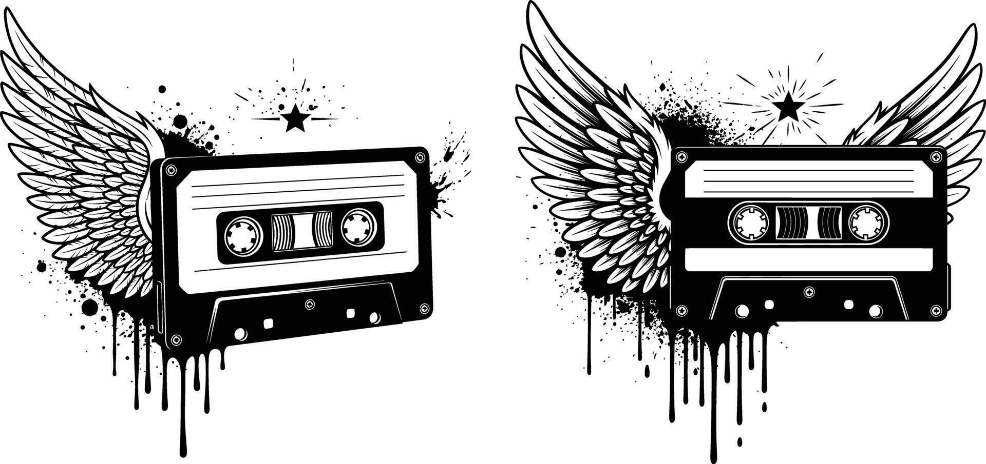 Cassette Tape with Wings, Grunge Splatters, and Retro Music Design Element vector