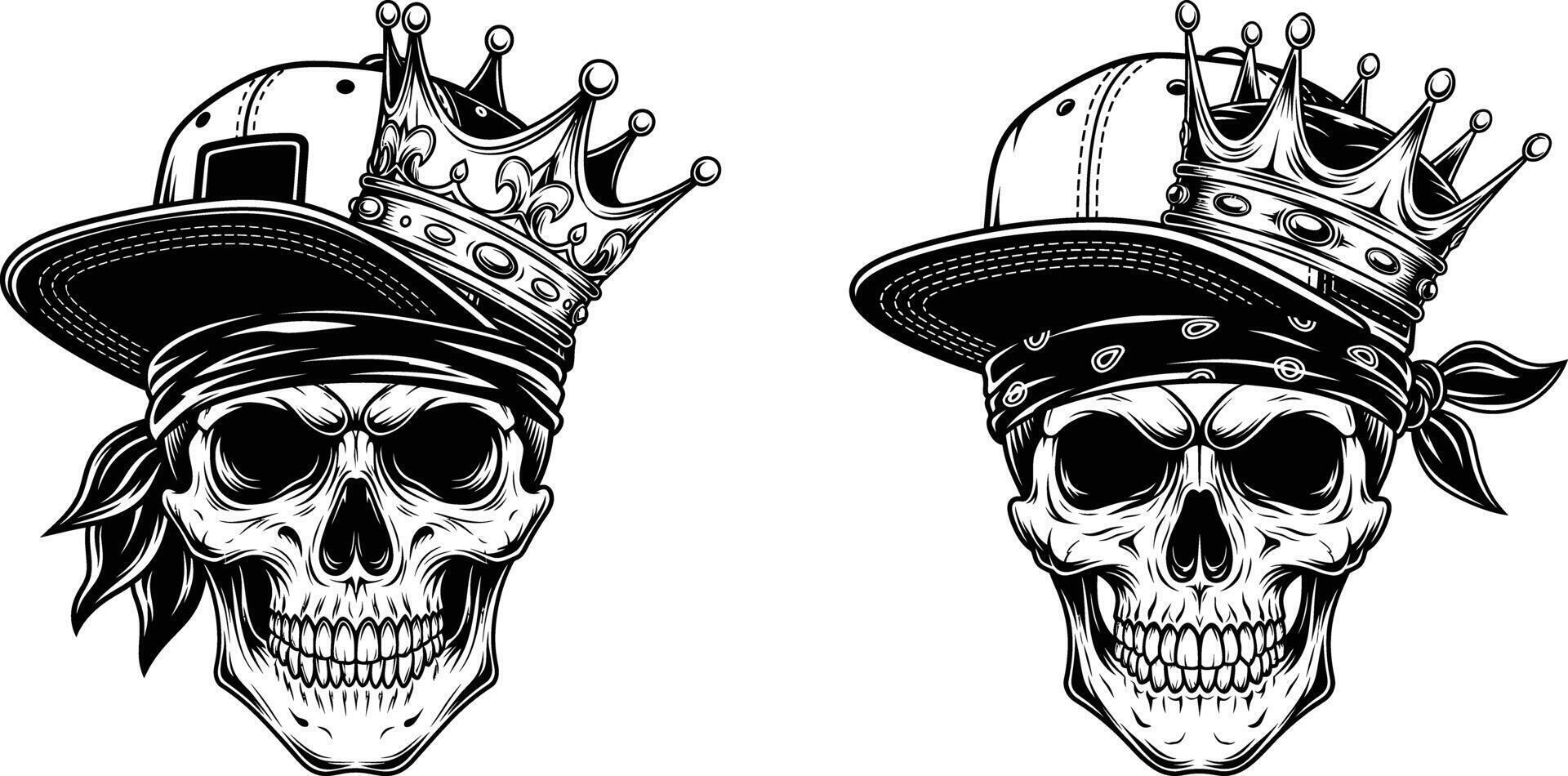 Skulls Wearing Crowns, Baseball Caps, and Bandanas Illustration Design Collection vector
