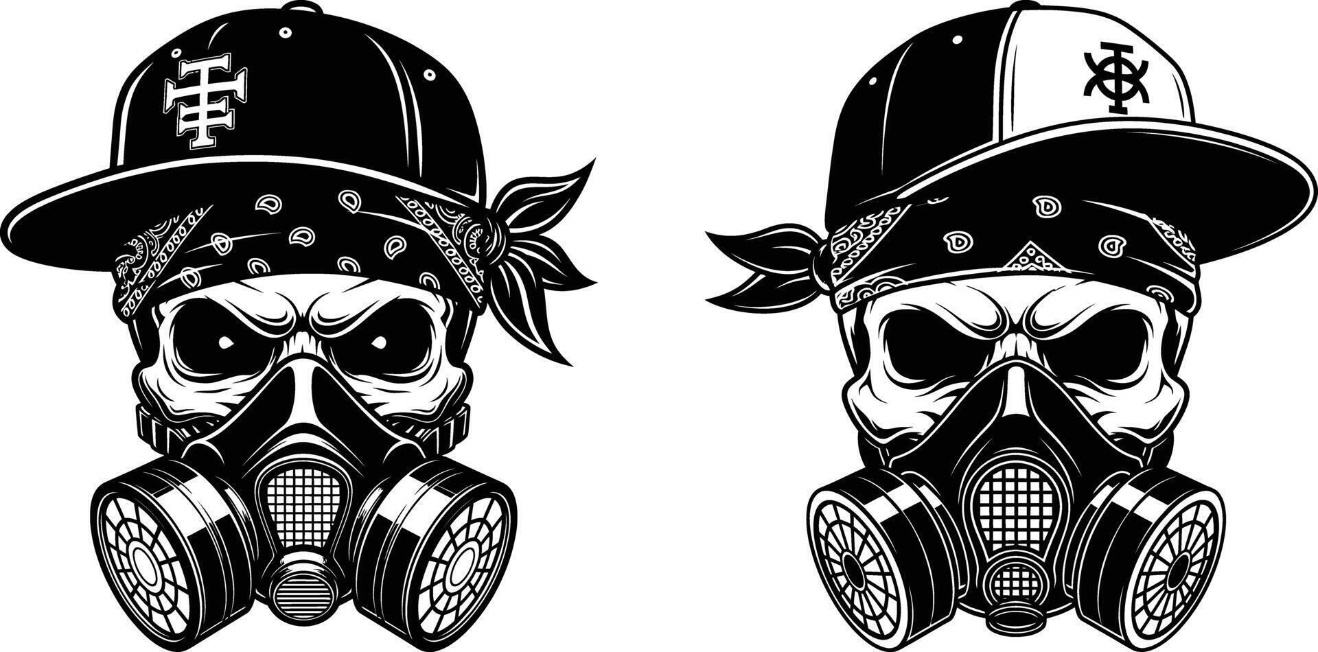 Skull with Baseball Cap, Bandana, and Gas Mask Illustration vector