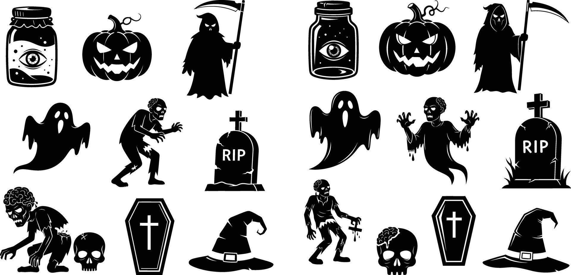 Spooky Halloween Icons Pumpkins, Ghosts, Grim Reaper, Zombies, Coffin, Grave, Skull and Witch Hat vector