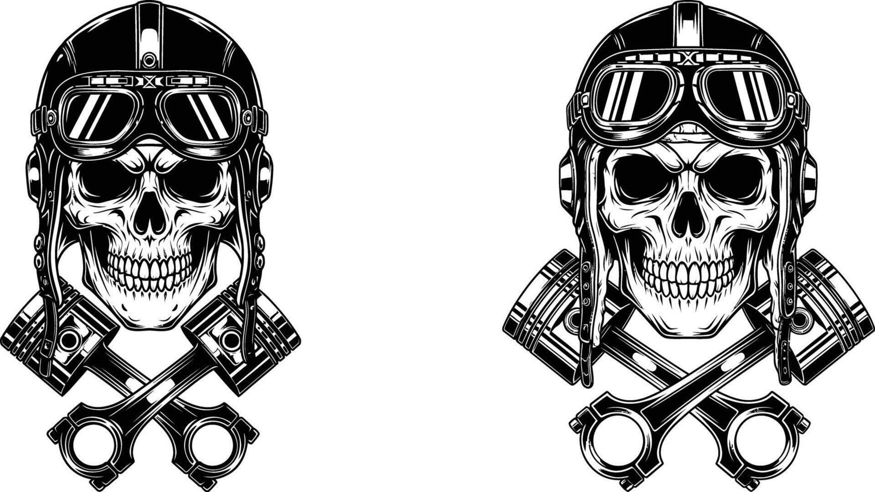 Biker Skull with Helmet, Goggles and Crossed Pistons Illustration vector