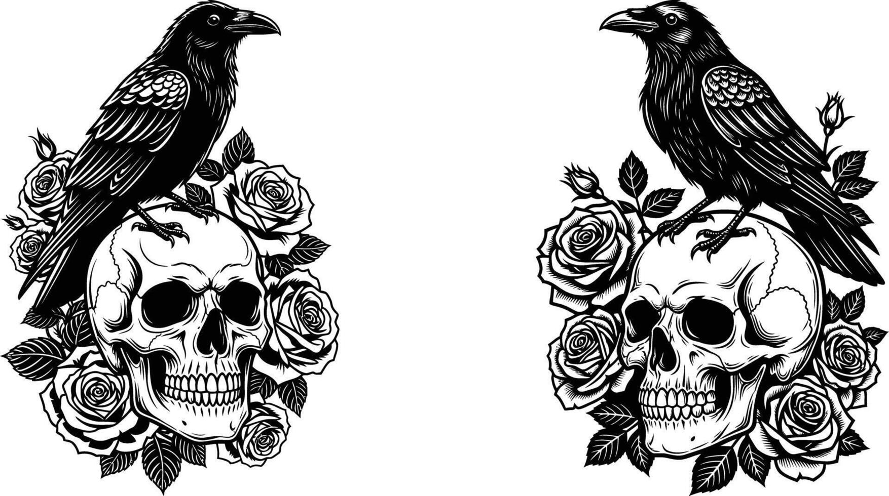 Two Ravens Perched on Skulls Surrounded by Roses in Illustration Art vector