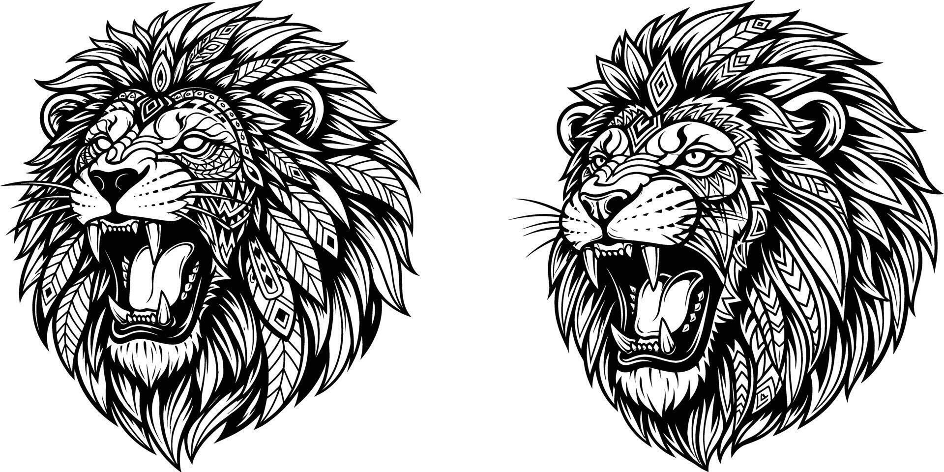 Two Intricate Lion Head Illustrations with Open Mouths and Detailed Mane Designs vector