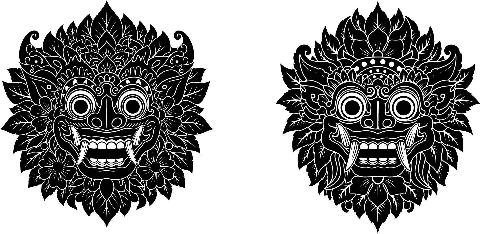 Two Balinese Barong Mask Illustrations with Floral Ornaments and Fangs vector