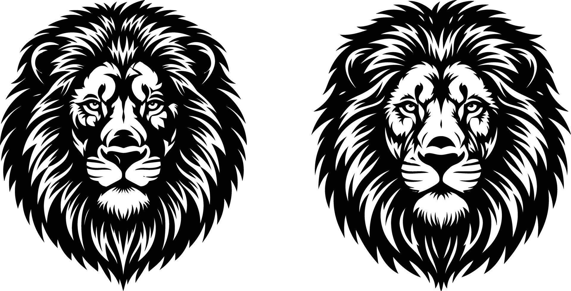 Two Majestic Lion Heads Illustrations, Feline Animal Portraits, Wildlife vector