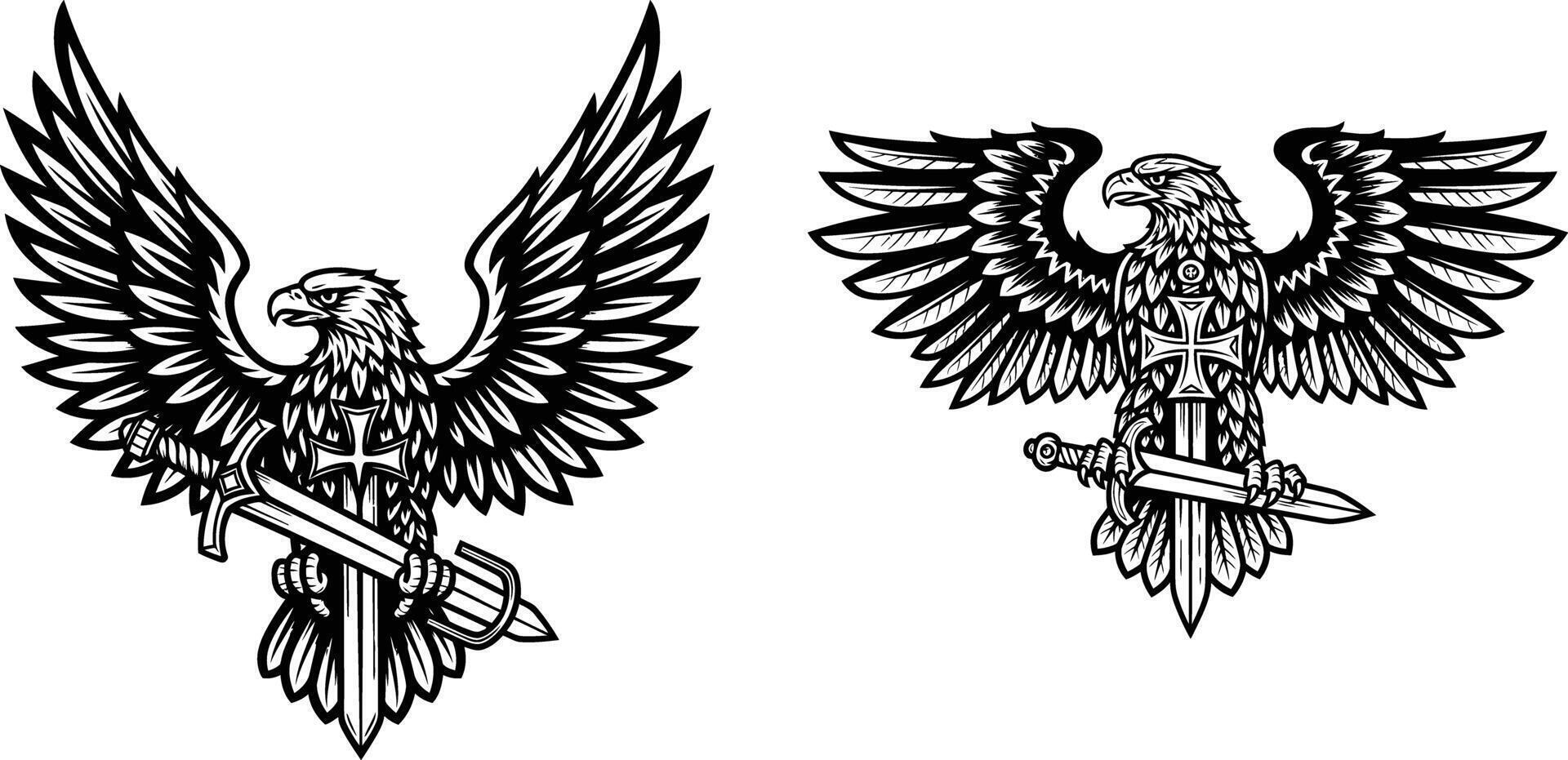Two Heraldic Eagles Holding Swords with Spread Wings and Crosses Illustration vector