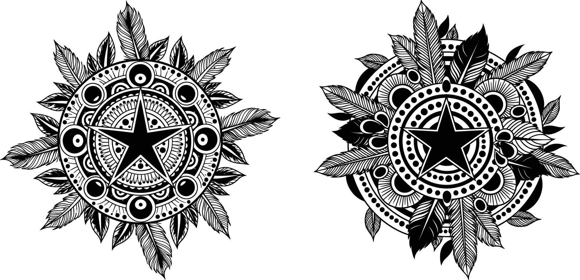 Star mandala with feathers, detailed illustrations for bohemian designs or tattoo art vector