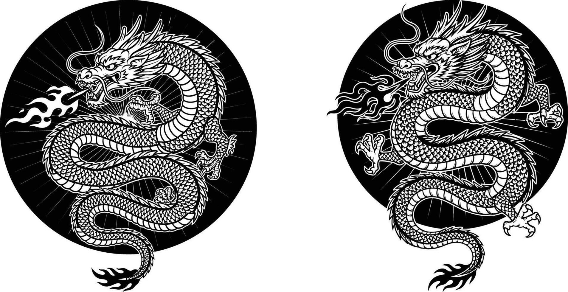 Two Oriental Dragons Breathing Fire, Coiled Around a Circle Illustration vector