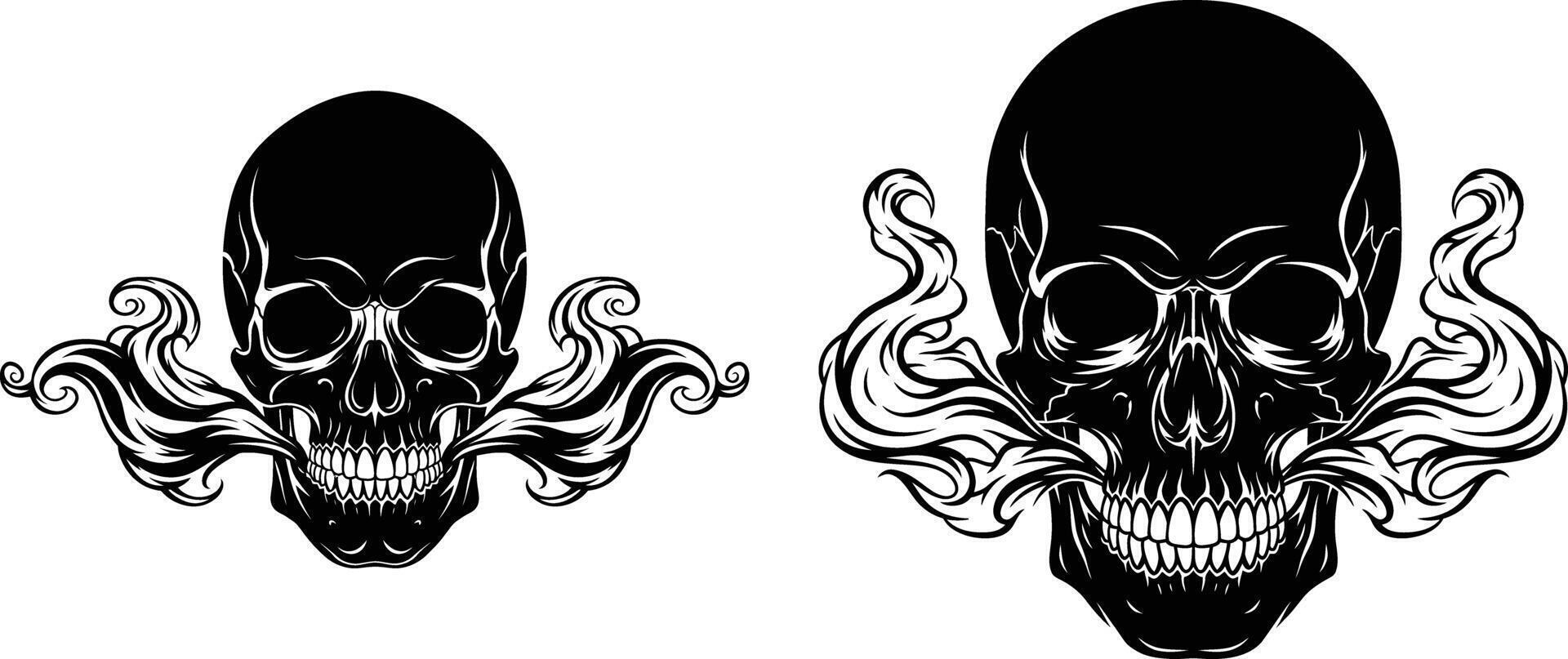 Two Skulls with Smoke Emanating, Design Tattoo Illustration Art vector