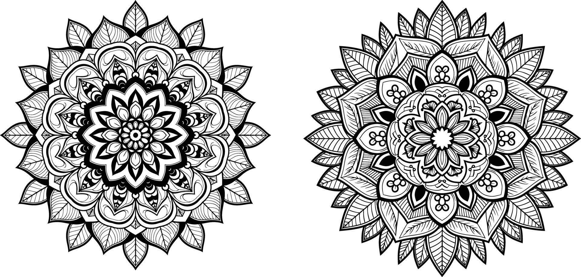 Intricate floral mandala designs with leaf elements in a detailed black and white illustration vector