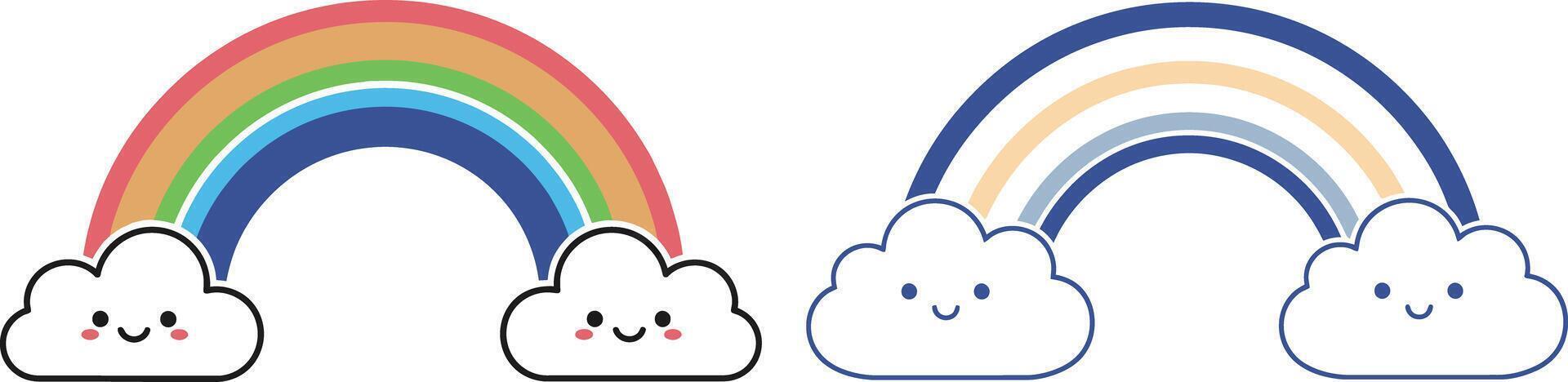 Two Smiling Clouds with Rainbow Arches, Cute Weather Elements vector