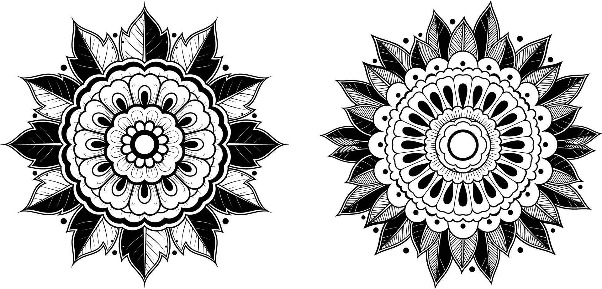 Two floral circular mandalas with detailed leaf patterns and decorative elements vector