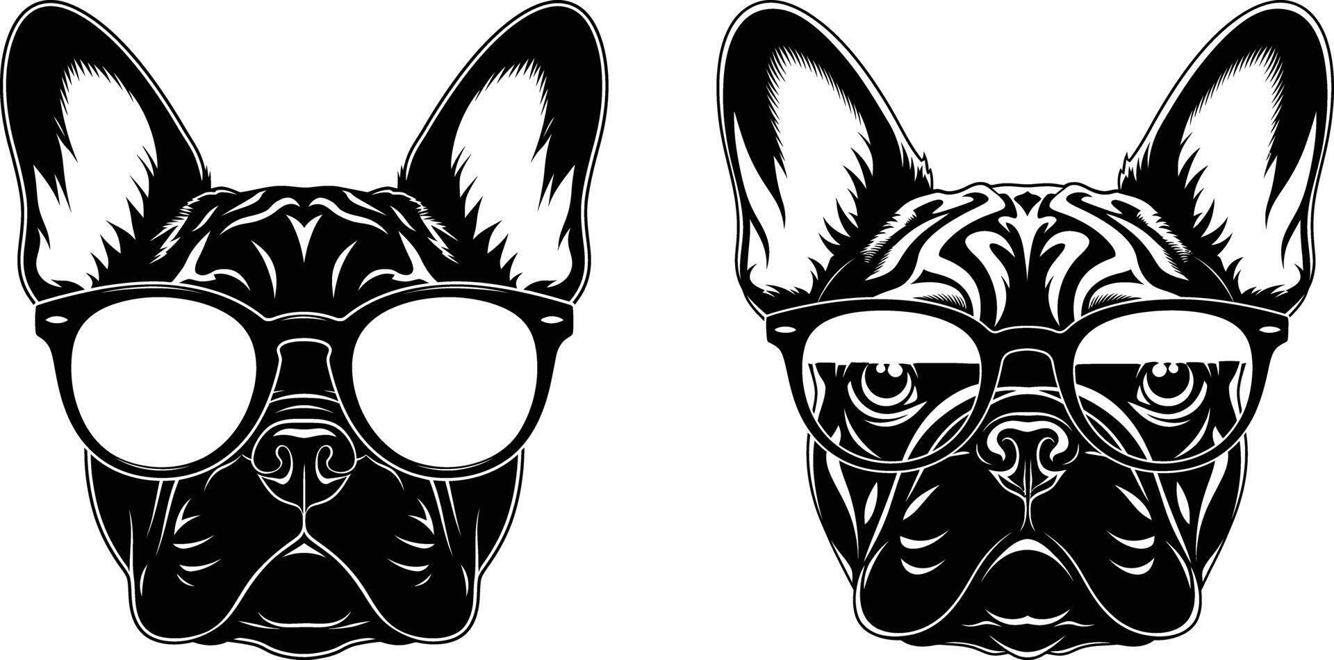 Two Bulldog Faces with Eyeglasses Detailed Pet Portraits in Art vector