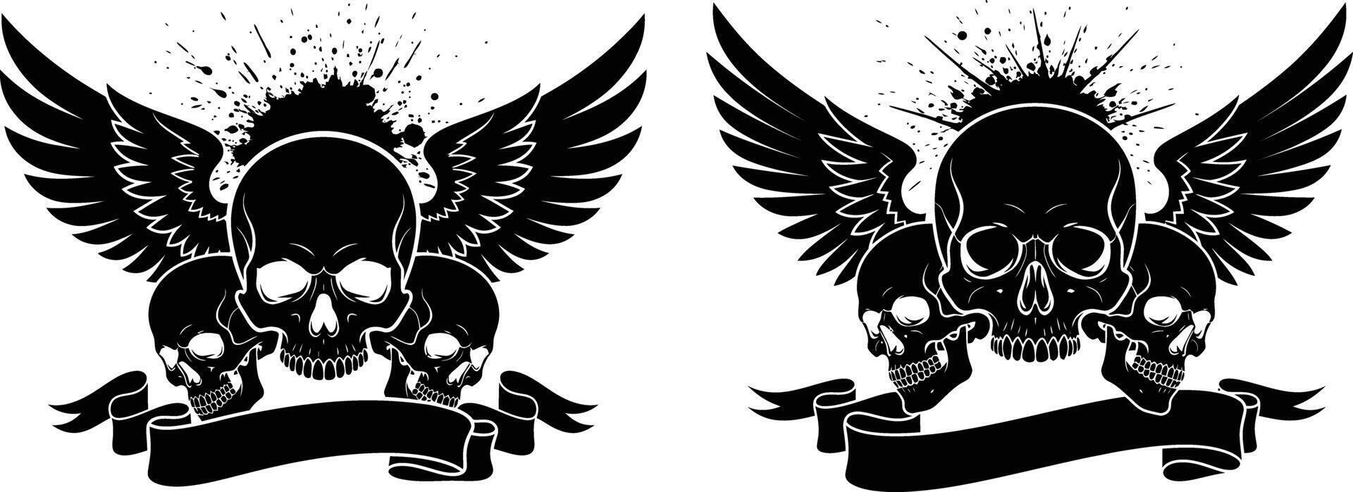 Winged Skull Art with Banner and Splatter Decoration, Tattoo Design Element vector