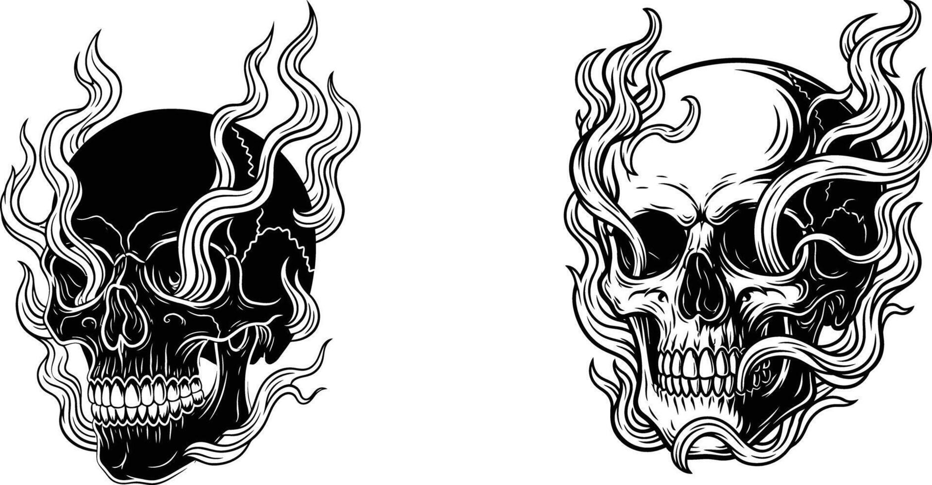 Two Stylized Human Skulls Encircled by Swirling Smoke Illustration, Isolated Design vector