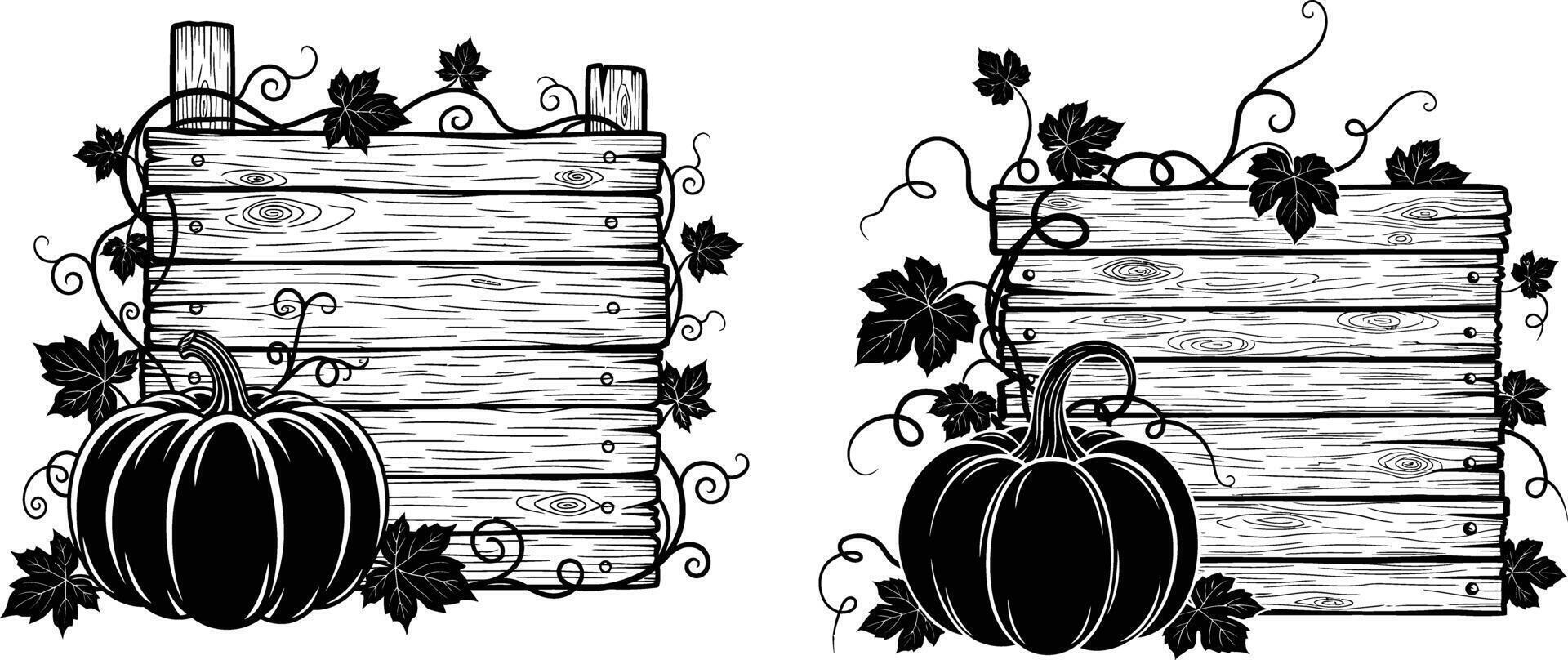 Two Wooden Boards with Pumpkin and Leaves, Fall Decoration Element Illustration vector