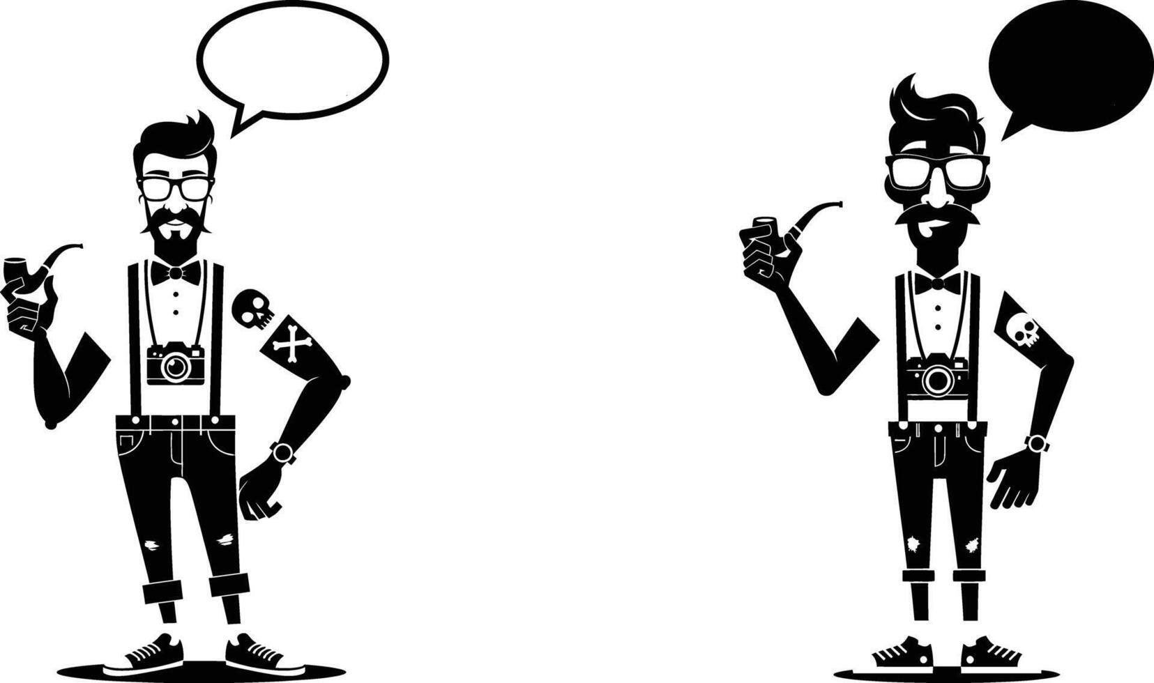 Two Hipster Men with Speech Bubbles, Pipes, Cameras, and Tattoos Illustration vector