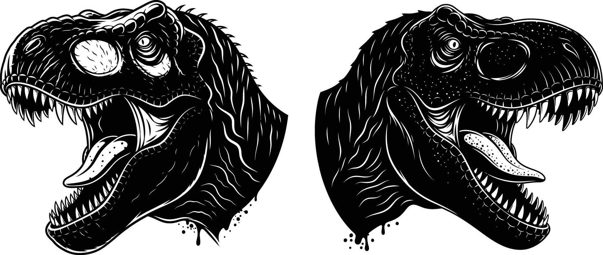 Two Tyrannosaurus Rex Heads Profile with Open Mouth and Sharp Teeth vector