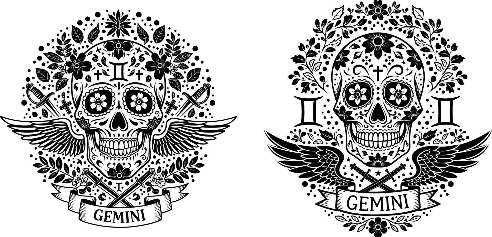 Gemini Zodiac Sign Sugar Skull with Wings and Swords Tattoo Design vector