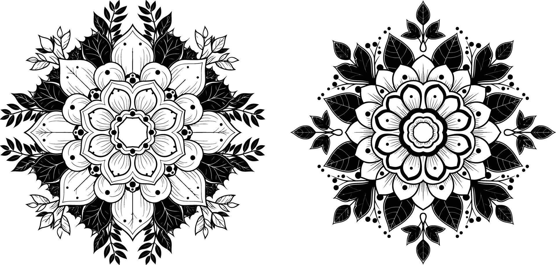 Decorative floral mandala design with leaves and petals in detailed black and white outline vector