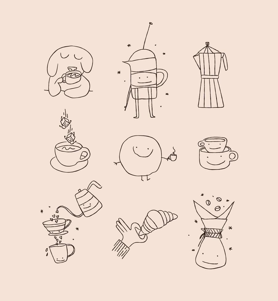 Cute coffee set collection dog with cup, french press, pot, cookie, sugar, hand with croissant, drip drawing on beige background illustration vector