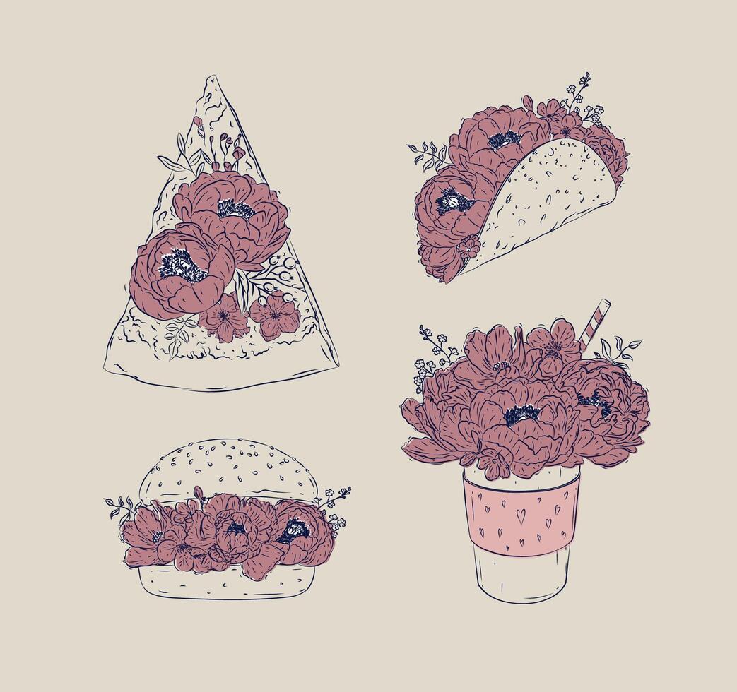 Food floral illustrations slice of pizza, taco, burger, take away coffee in floral style with flowers and petals drawing with blue and red on beige background vector