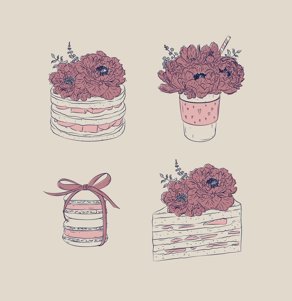 Bakery graphic illustrations coffee cup, macarons, cake, pancakes drawing in floral style with blue on beige background vector