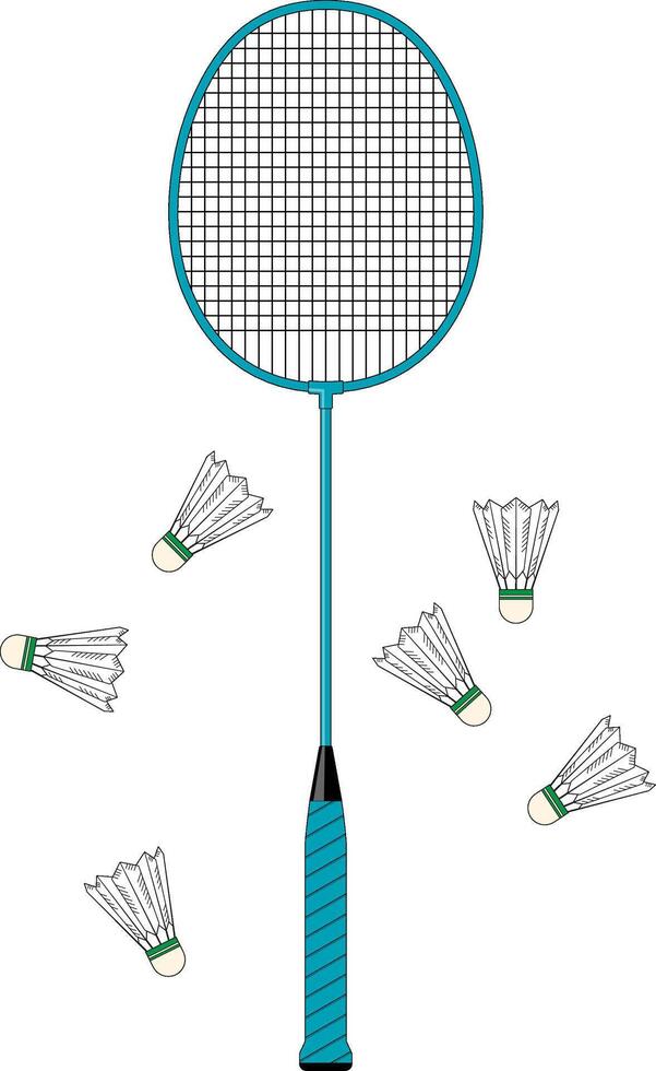 illustration of a badminton racket surrounded by shuttlecocks on a transparent background. Ideal for sports-themed designs, training materials, or promotional content. Clean, minimal. vector