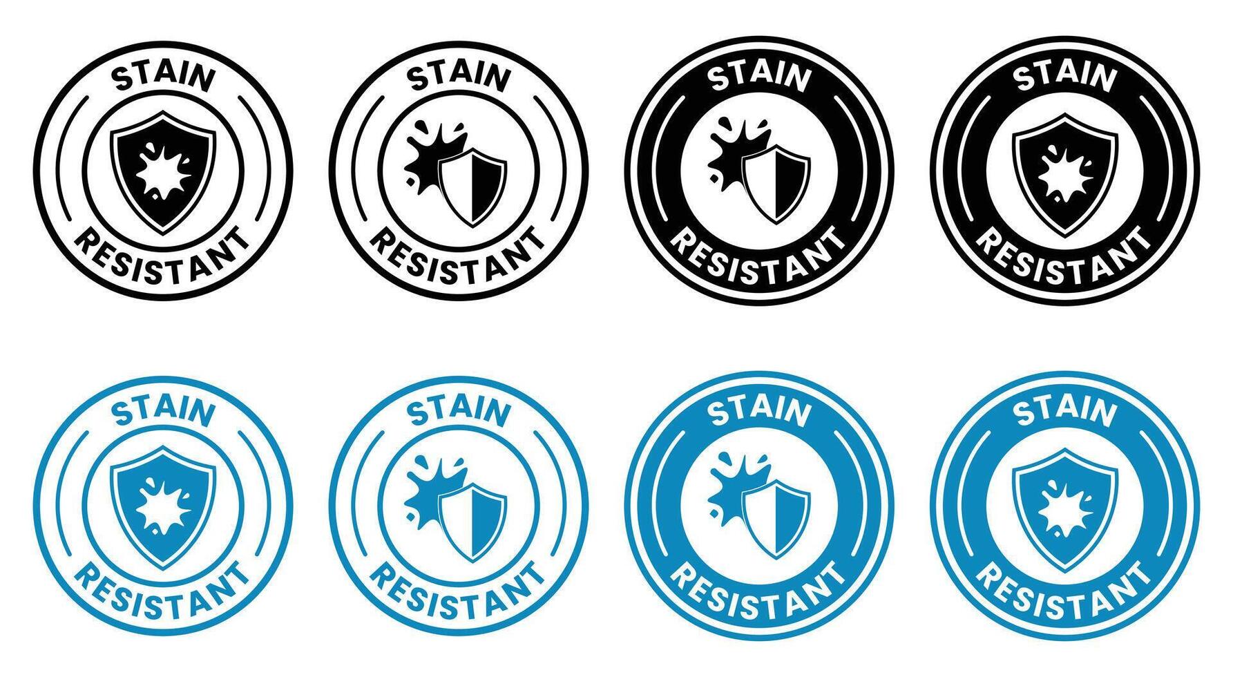 Stain Resistant Icon Set in Black and Blue Featuring a Shield and Splash Representing Protection Against Stains for Fabric Surfaces and Materials Isolated on White Background vector