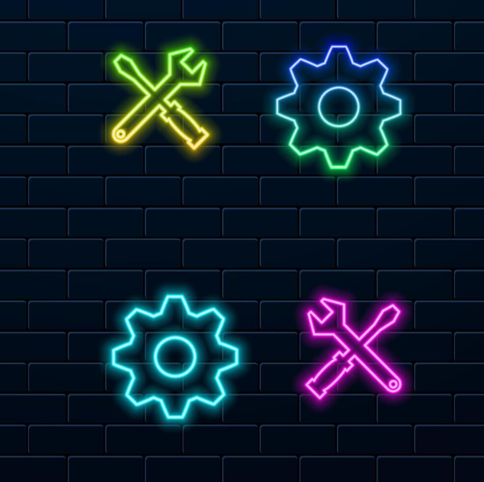 Set wrench and gear icon. neon style. Adjustment, service, configuration, maintenance, repair, fixing. illustration vector