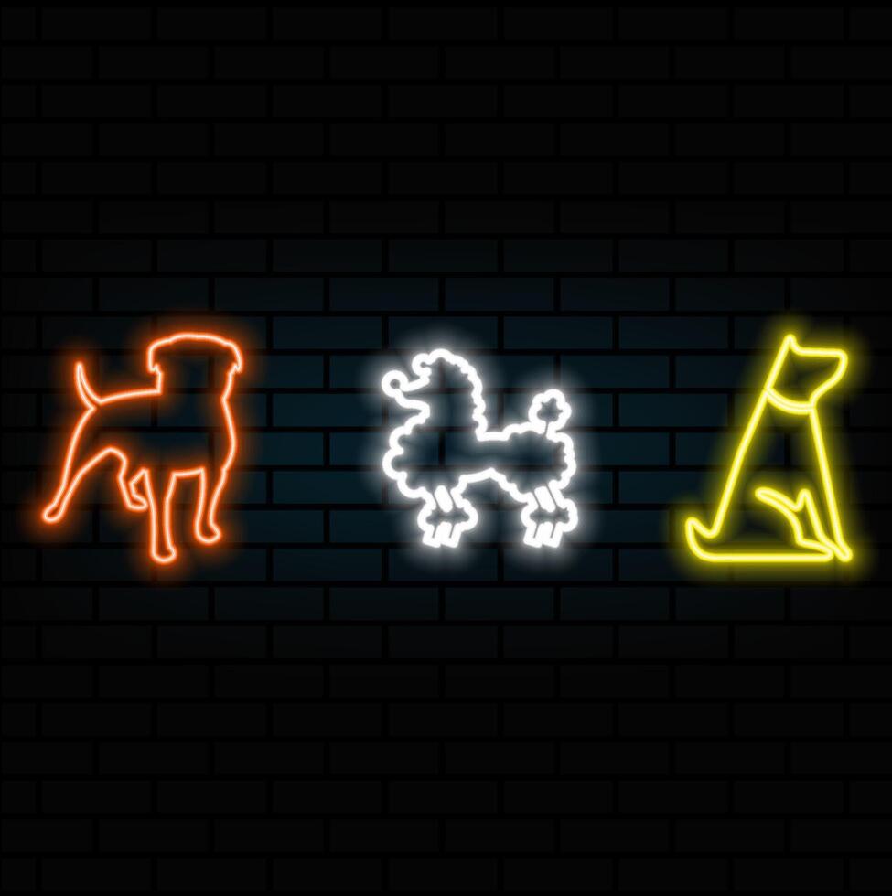 Dog breeds, silhouette set. Pets sit together, neon style. side view isolated on white background. Project for veterinary clinic, store, animal business vector