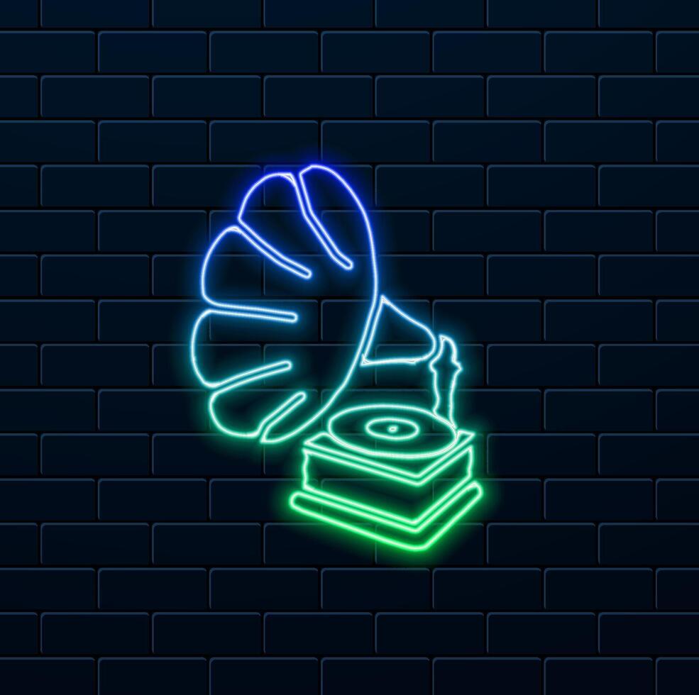 silhouette of gramophone starting notes. neon. Gramophone glyph icon. music sign. neon style. vector