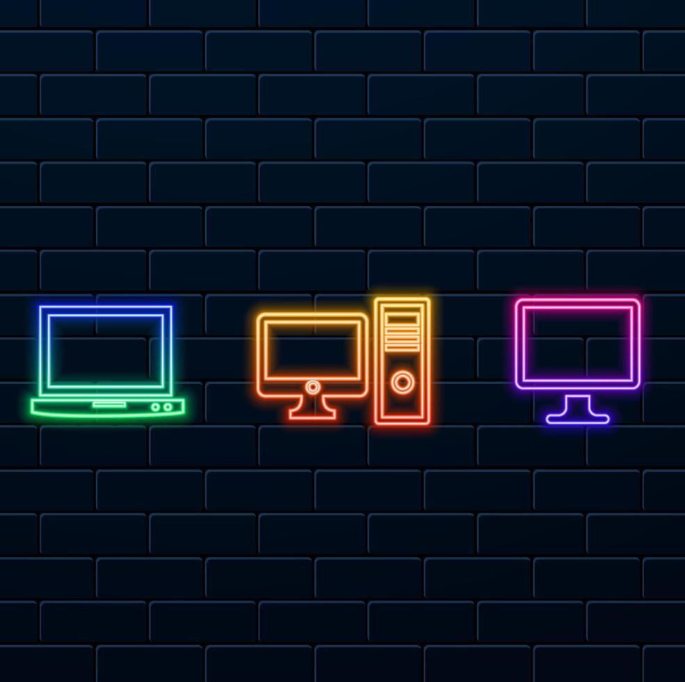 icon,Digital devices icon set. neon style. computer, monitor.Devices line icons for responsive design vector