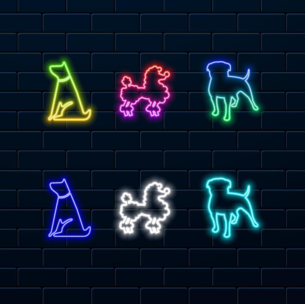 dog and cat. Pets sit together, neon style. side view isolated on white background. Project for veterinary clinic, store, animal business vector