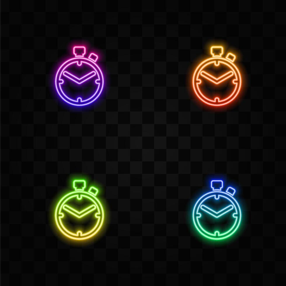 time limit concept icon. neon style.game timer idea thin line illustration. different types of watch. stopwatch, hourglass. time management. vector