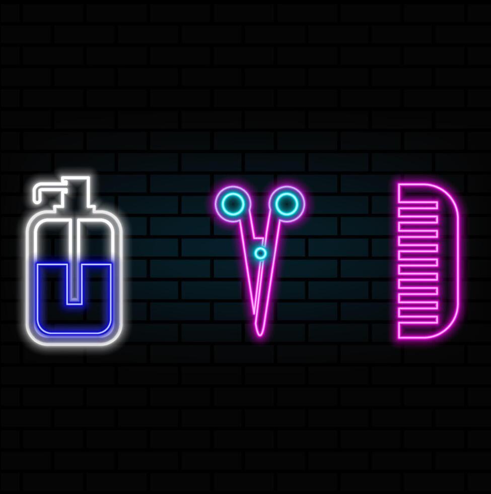 neon style.Barber shop icon set, silhouette version.Scissors and comb icon. haircut. hairdresser. vector
