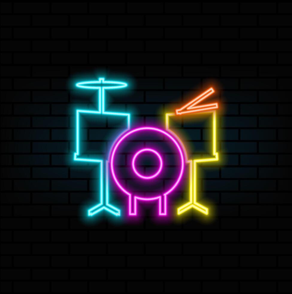 Drum kit, Tools and drum elements. neon style.Drums musical instrument. vector