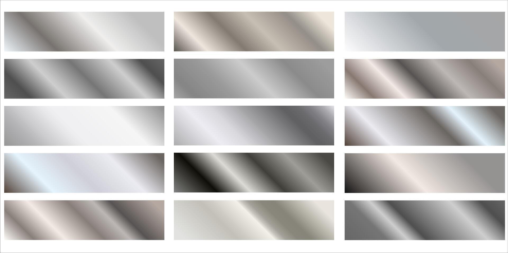 A set of silver metallic gradients. Metallic gradient effects.Silver foil texture background set. vector