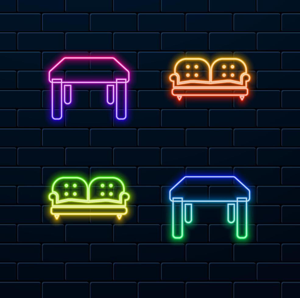 Cozy sofa, table. neon style. Living room furniture. Interior design. Pixel perfect and editable stroke vector
