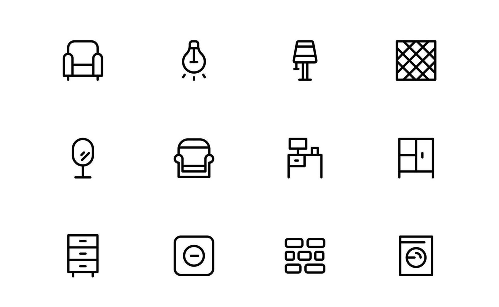 Professional Home Decor and Interior Design Icon Pack. Editable Perfect Icons for Living Spaces, Decoration, and Home Styling vector