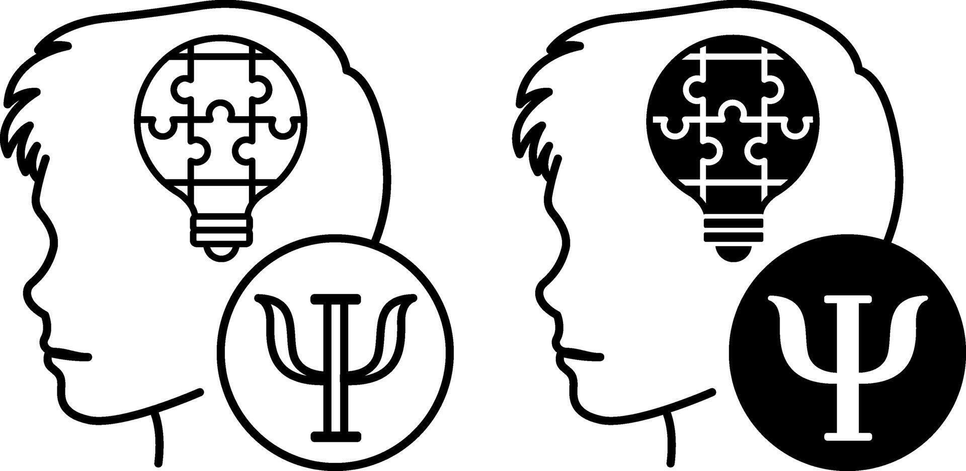 Child Psychology Icons. Black and White Illustrations. Child Head, Light Bulb with Puzzles and Psychologist Sign. Solve Children's Problems. Mental Health vector