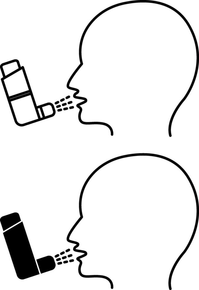Bronchial Asthma Icons. Black and White Illustrations. Man Spraying Medicine Into Airways. Respiratory Diseases, Treatment. Concept Lung Disease vector