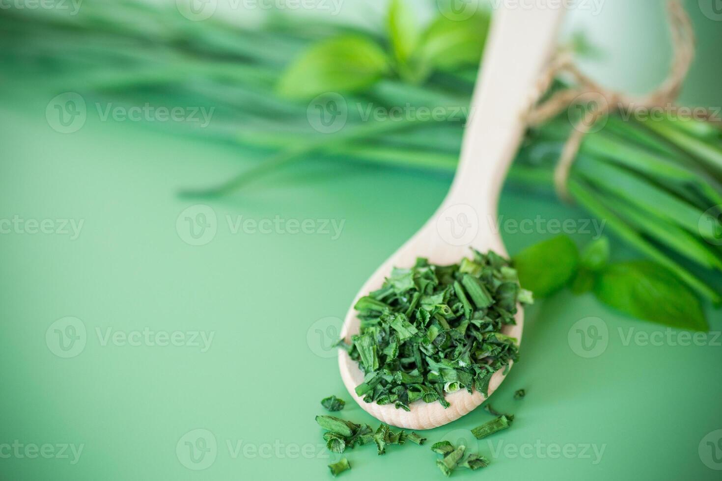 dried herbs and fresh green onions photo