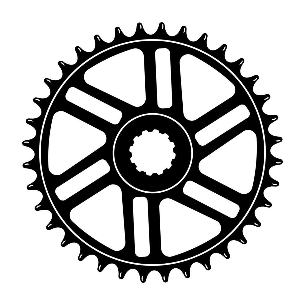 Bicycle Chainring Sprocket Illustration. This black and white illustration depicts a detailed bicycle chainring sprocket with evenly spaced teeth around the outer edge. vector